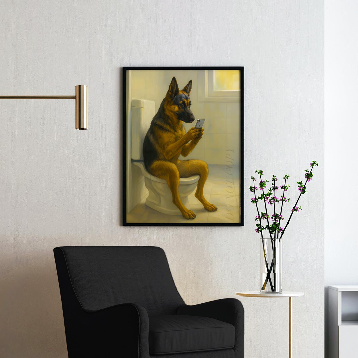 German Shepherd Dog On The Phone On The Toilet