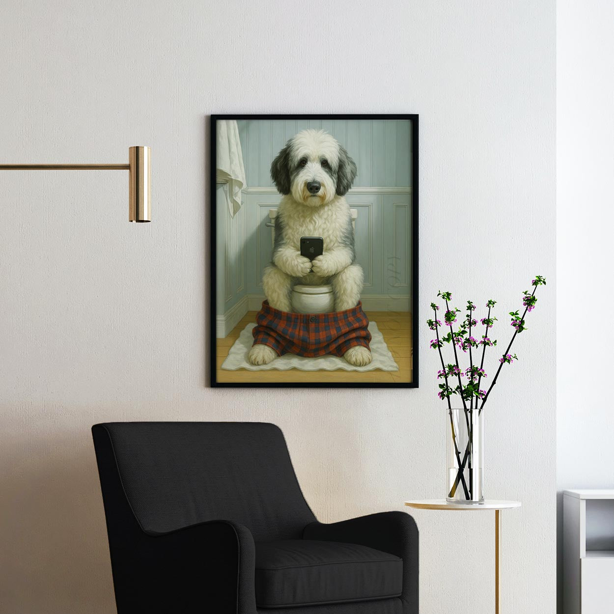 Sheepadoodle Dog On The Phone On The Toilet