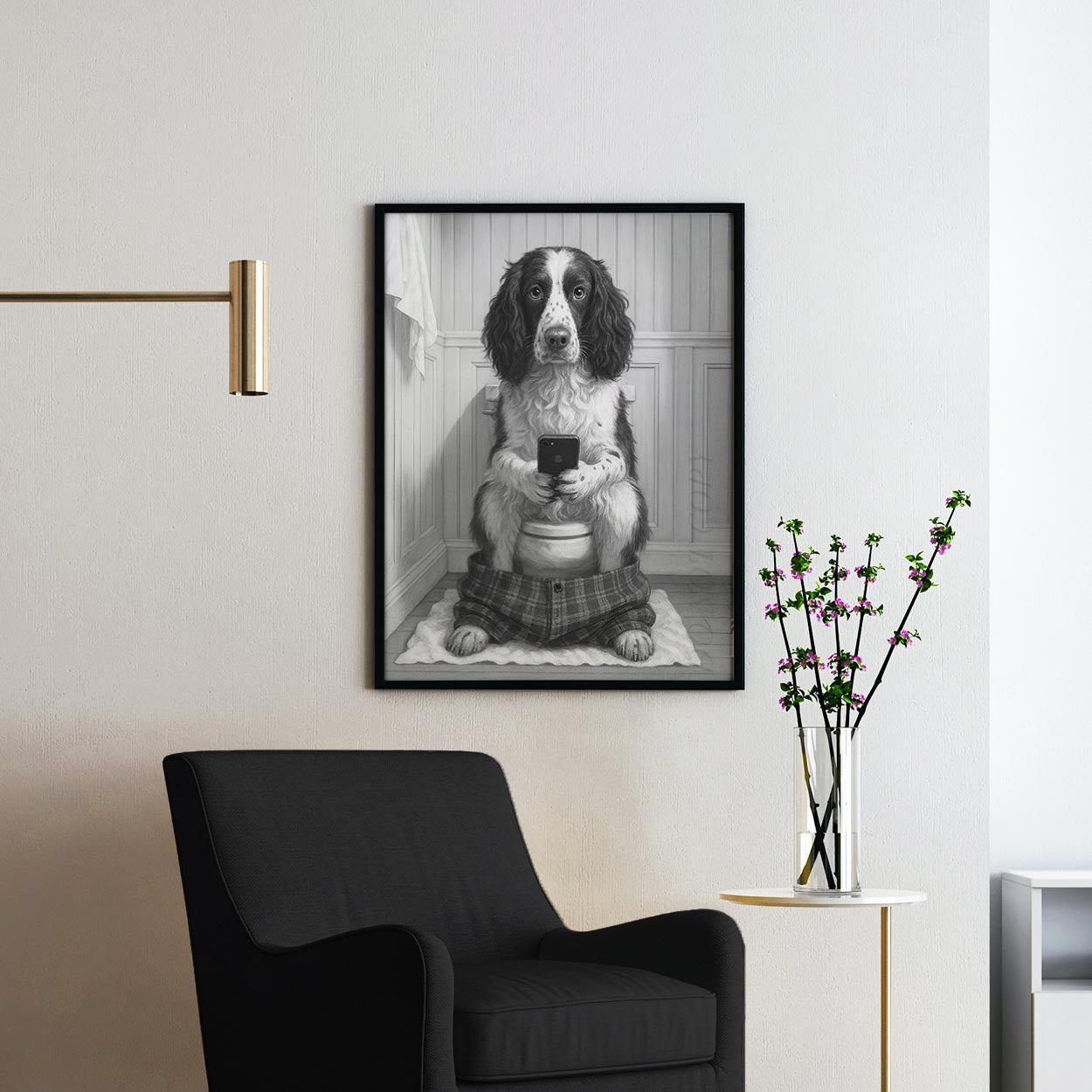 English Springer Spaniel Dog On The Phone On The Toilet