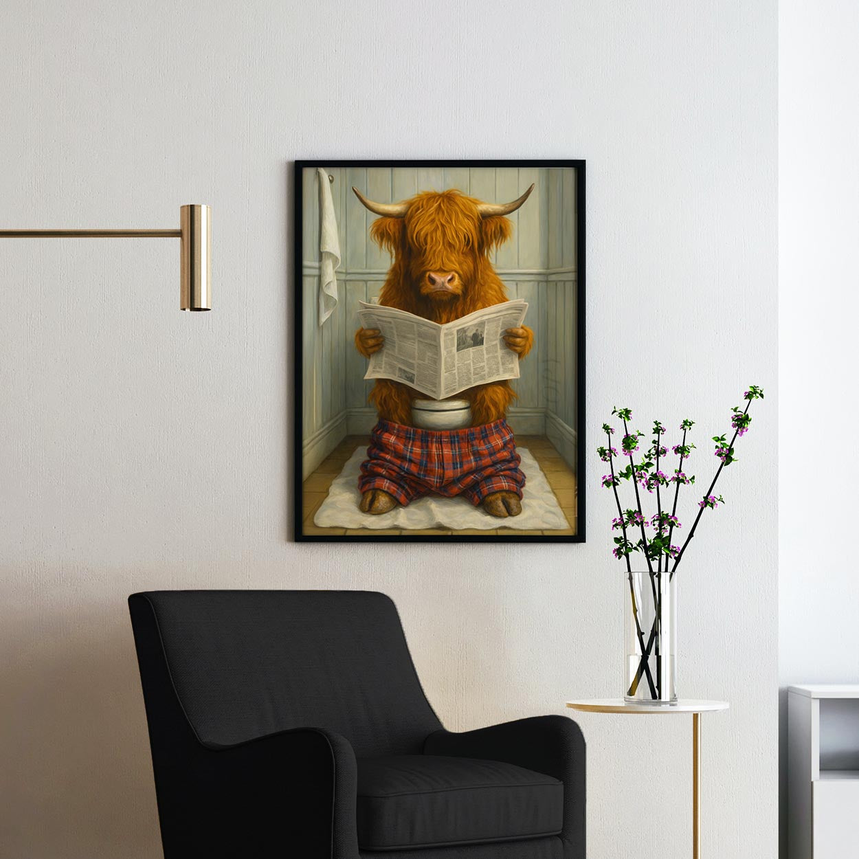 Highland Cow Reading The Newspaper On The Toilet