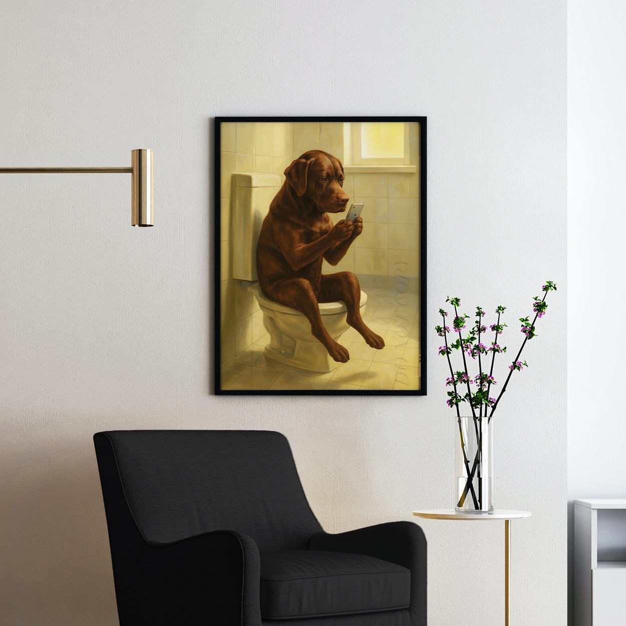 Chocolate Lab Dog On The Phone On The Toilet