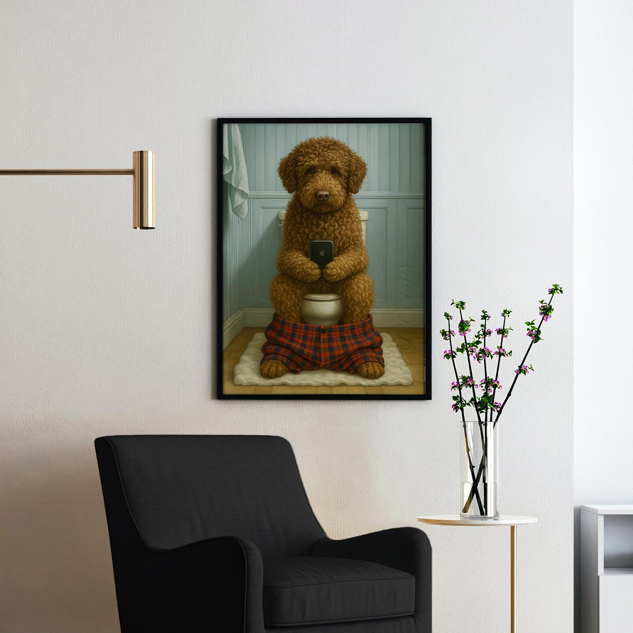Lagotto Romagnolo Dog On The Phone On The Toilet