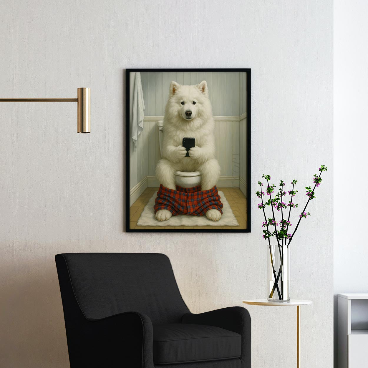Samoyed Dog On The Phone On The Toilet