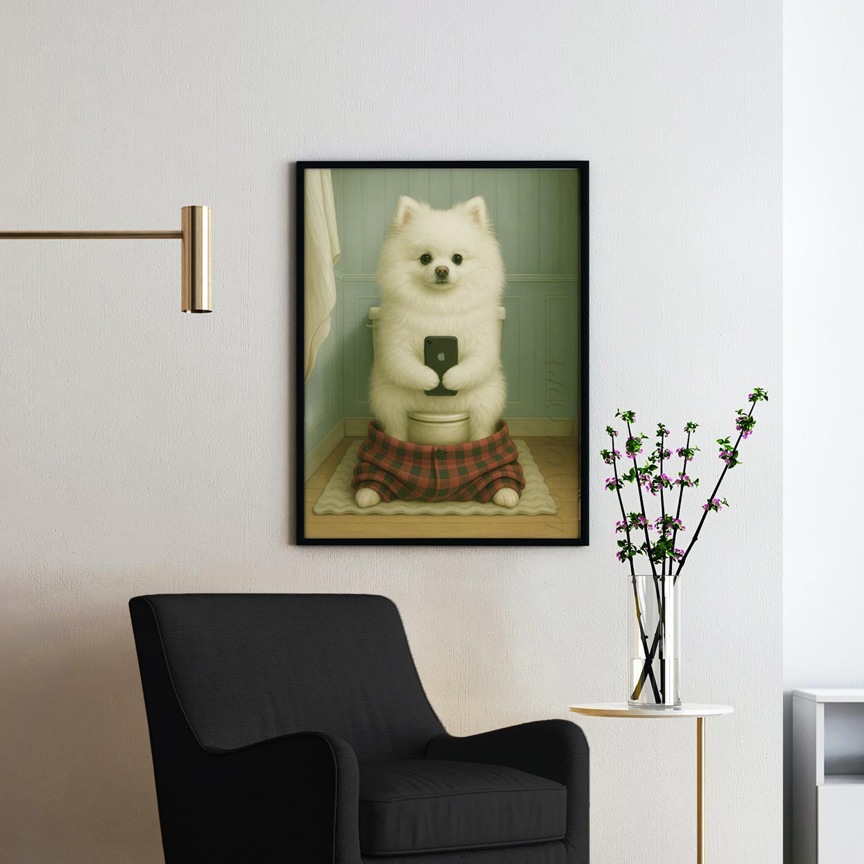 White Pomeranian Dog On The Phone On The Toilet