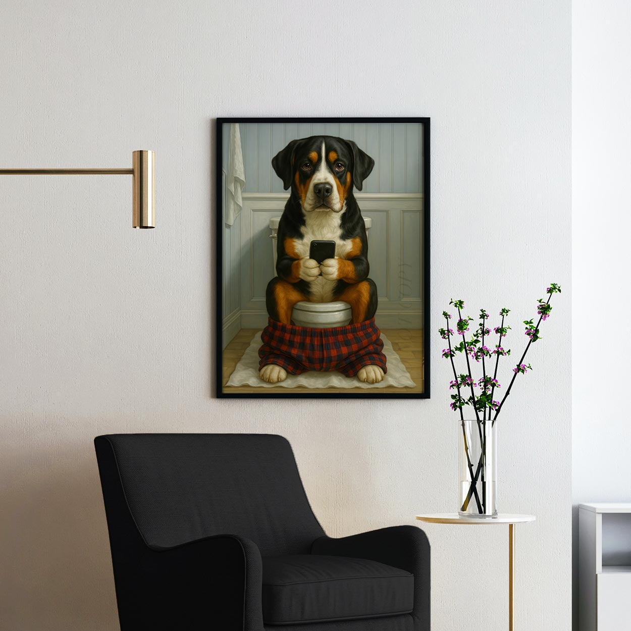 Greater Swiss Mountain Dog On The Phone On The Toilet