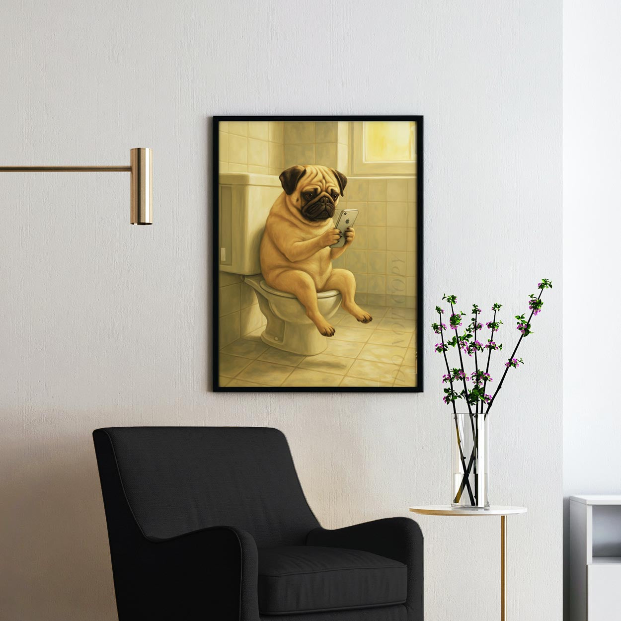 Pug Dog On The Phone On The Toilet
