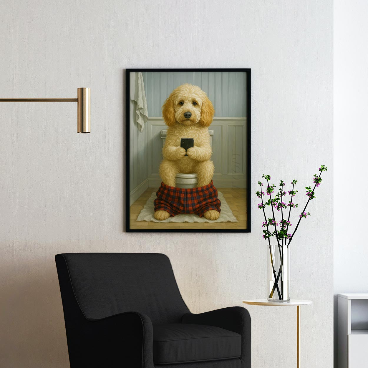 Labradoodle Dog On The Phone On The Toilet