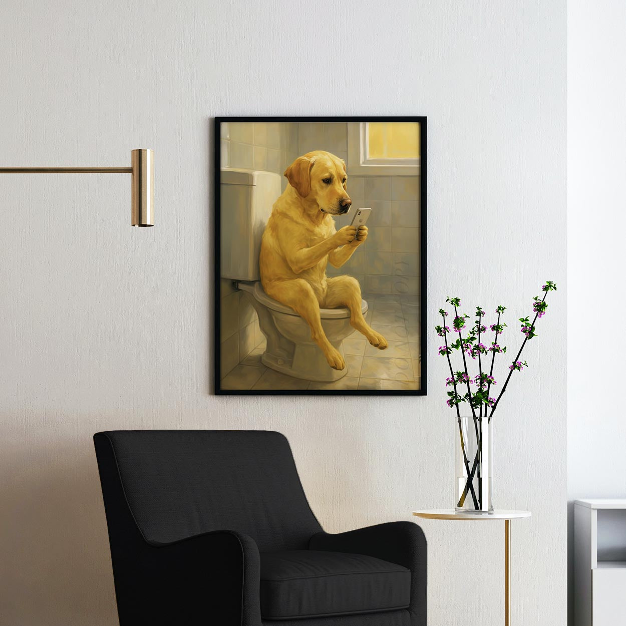 Yellow Labrador Retriever Dog On The Phone On The Toilet