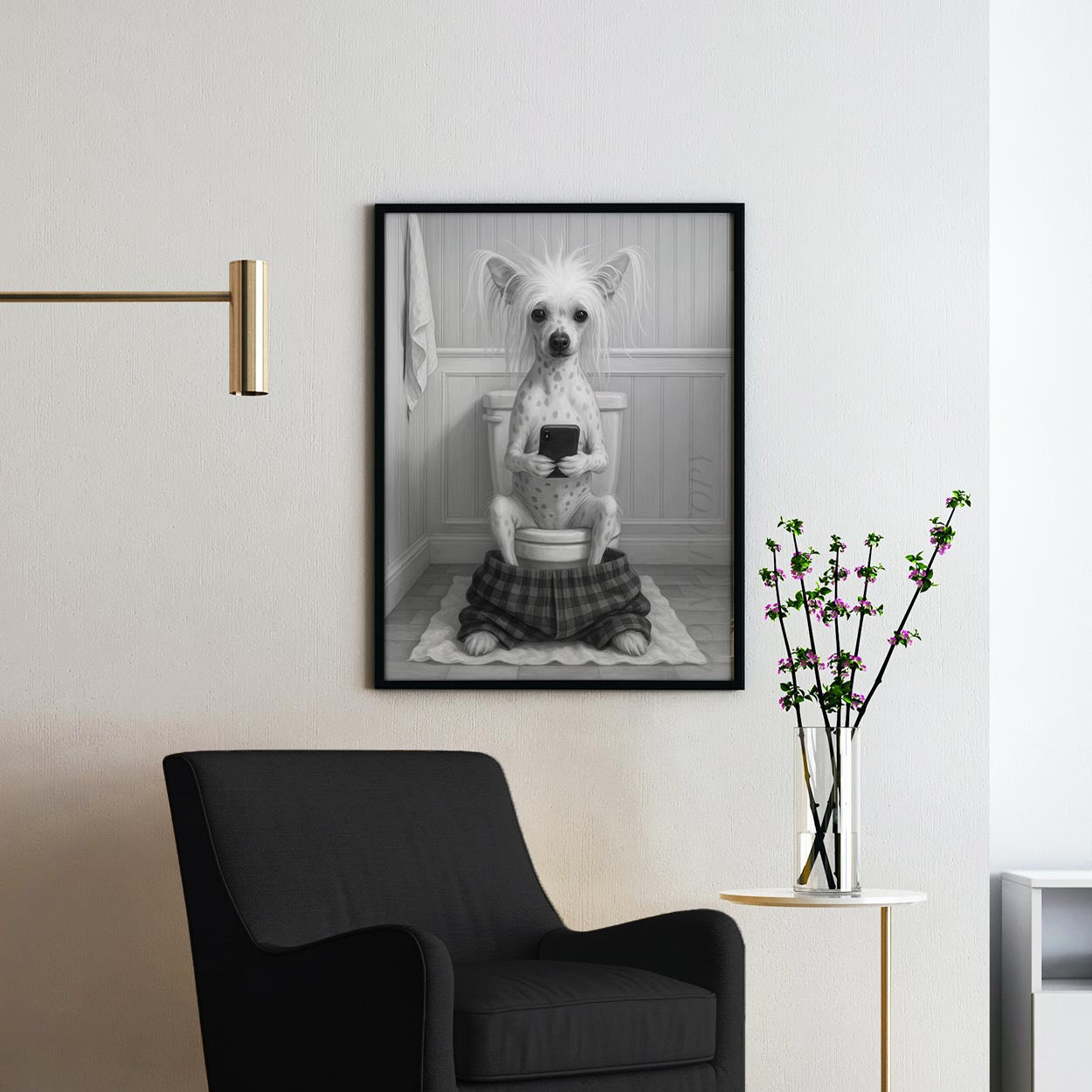 Chinese Crested Dog On The Phone On The Toilet