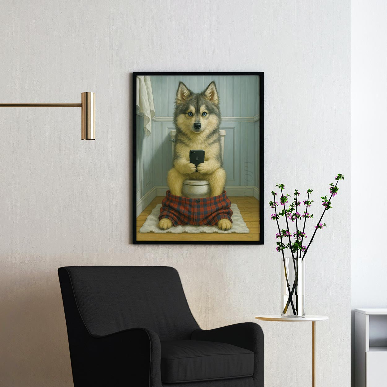 Pomsky Dog On The Phone On The Toilet