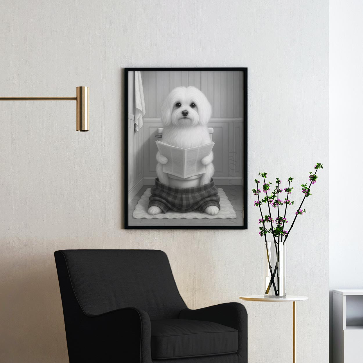 Maltese Dog Reading The Newspaper On The Toilet