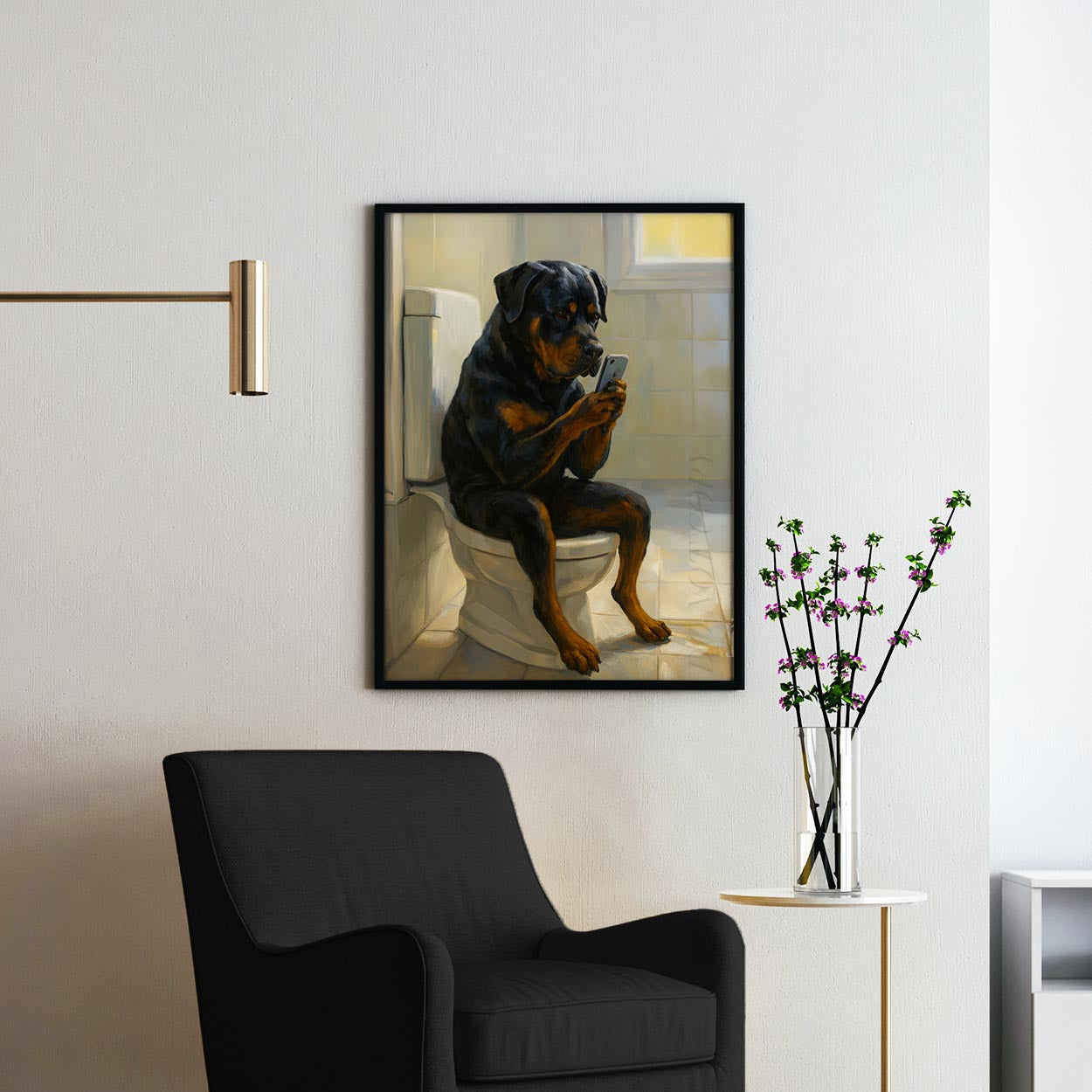 Rottweiler Dog On The Phone On The Toilet