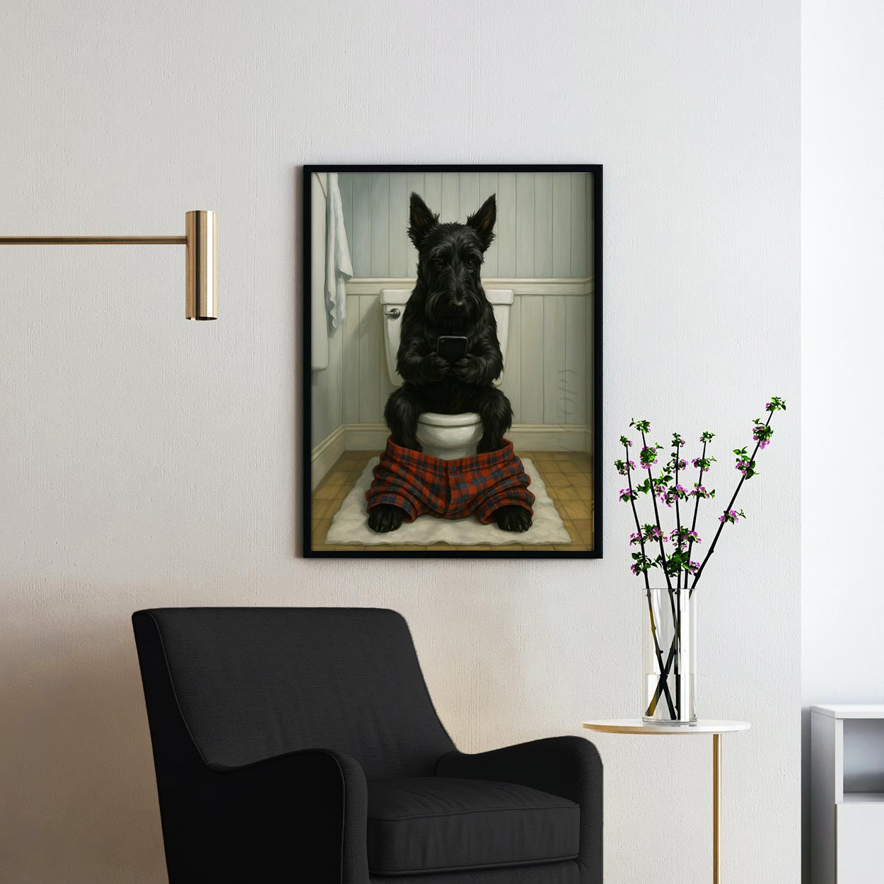 Scottish Terrier Dog On The Phone On The Toilet