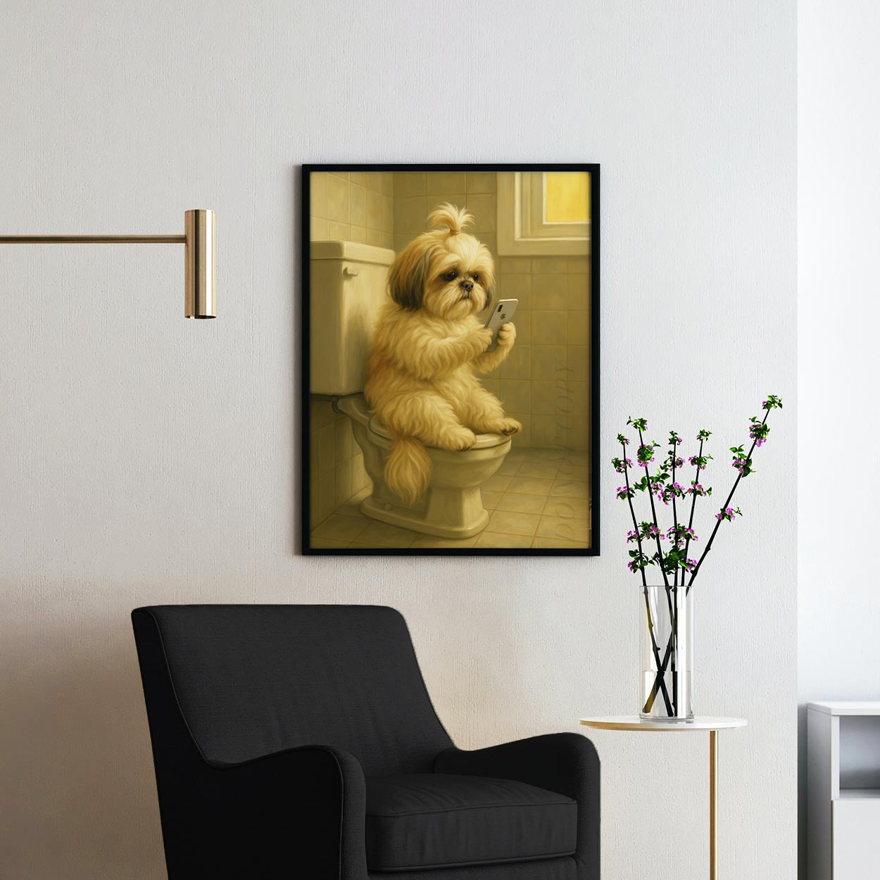 Shih Tzu Dog On The Phone On The Toilet