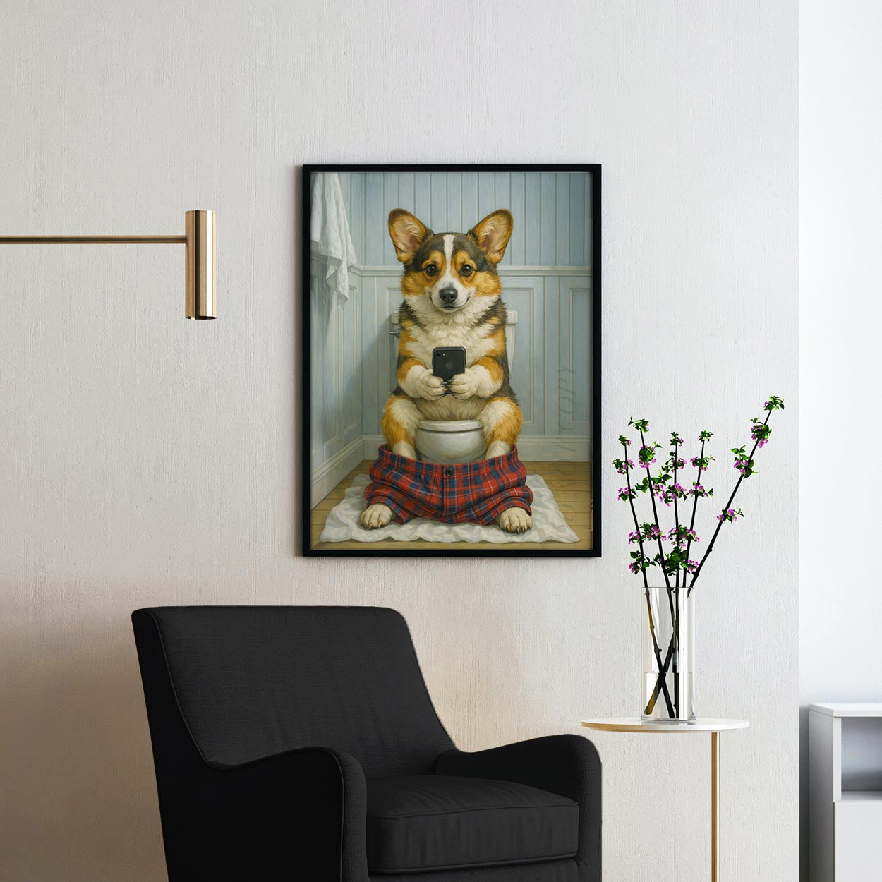 Cardigan Welsh Corgi Dog On The Phone On The Toilet