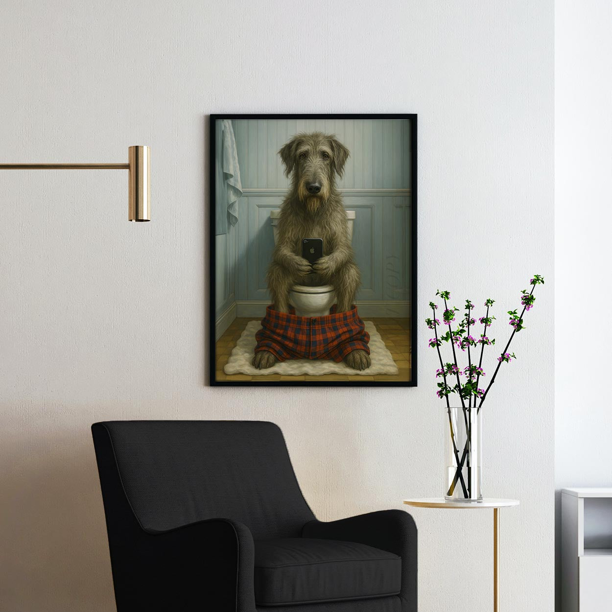 Irish Wolfhound Dog On The Phone On The Toilet