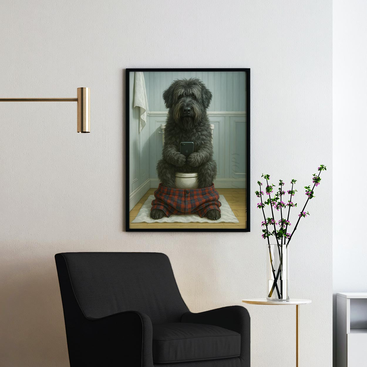 Bouvier des Flandres Dog On The Phone On The Toilet