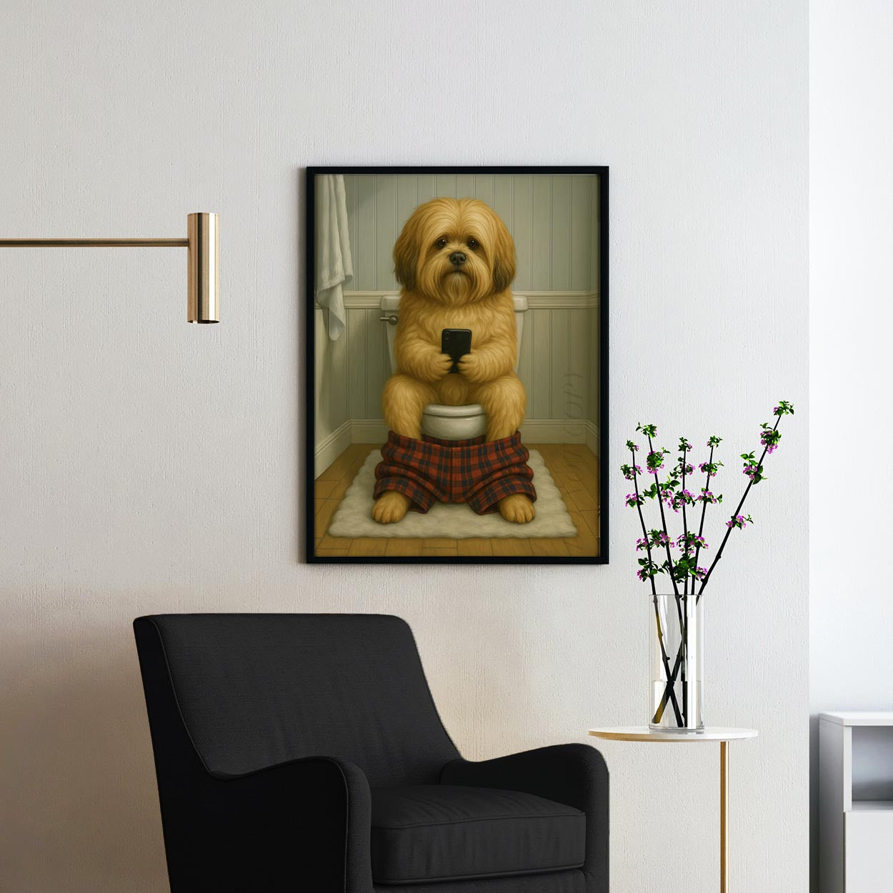 Lhasa Apso Dog On The Phone On The Toilet