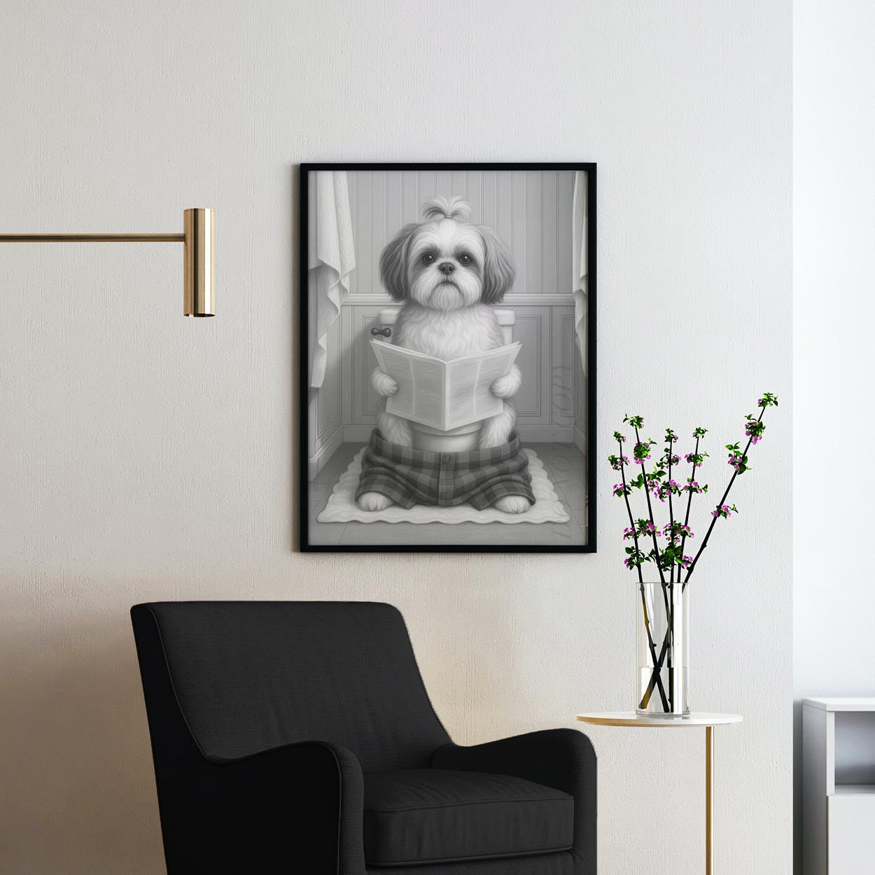 Shih Tzu Dog Reading The Newspaper On The Toilet