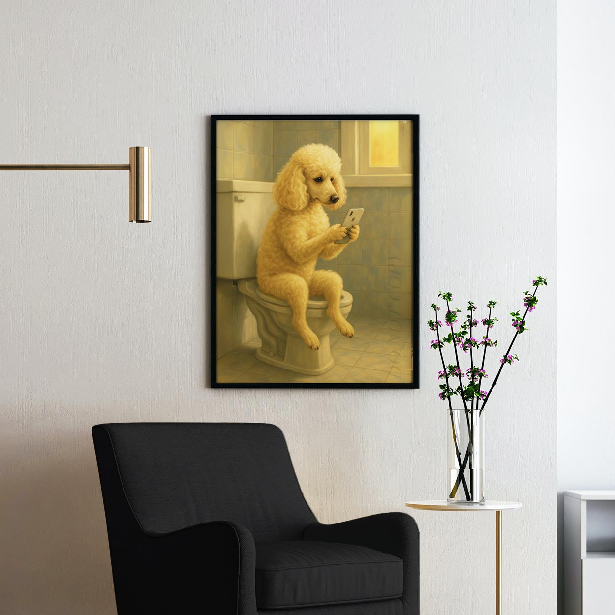 Poodle Dog On The Phone On The Toilet