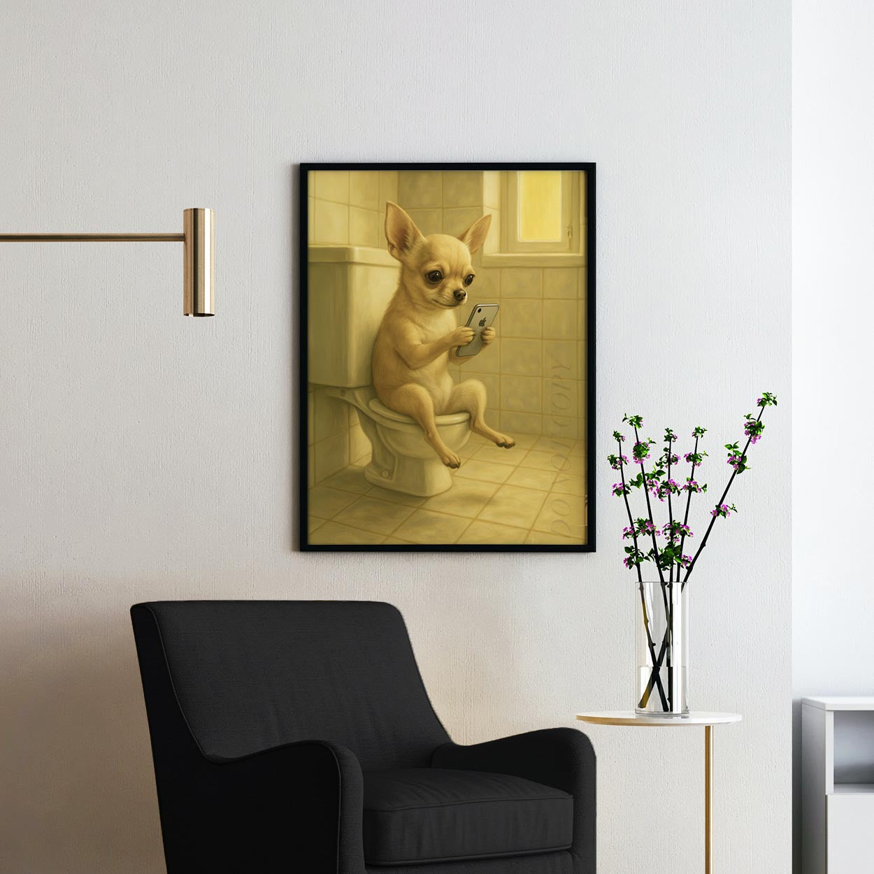 Chihuahua Dog On The Phone On The Toilet