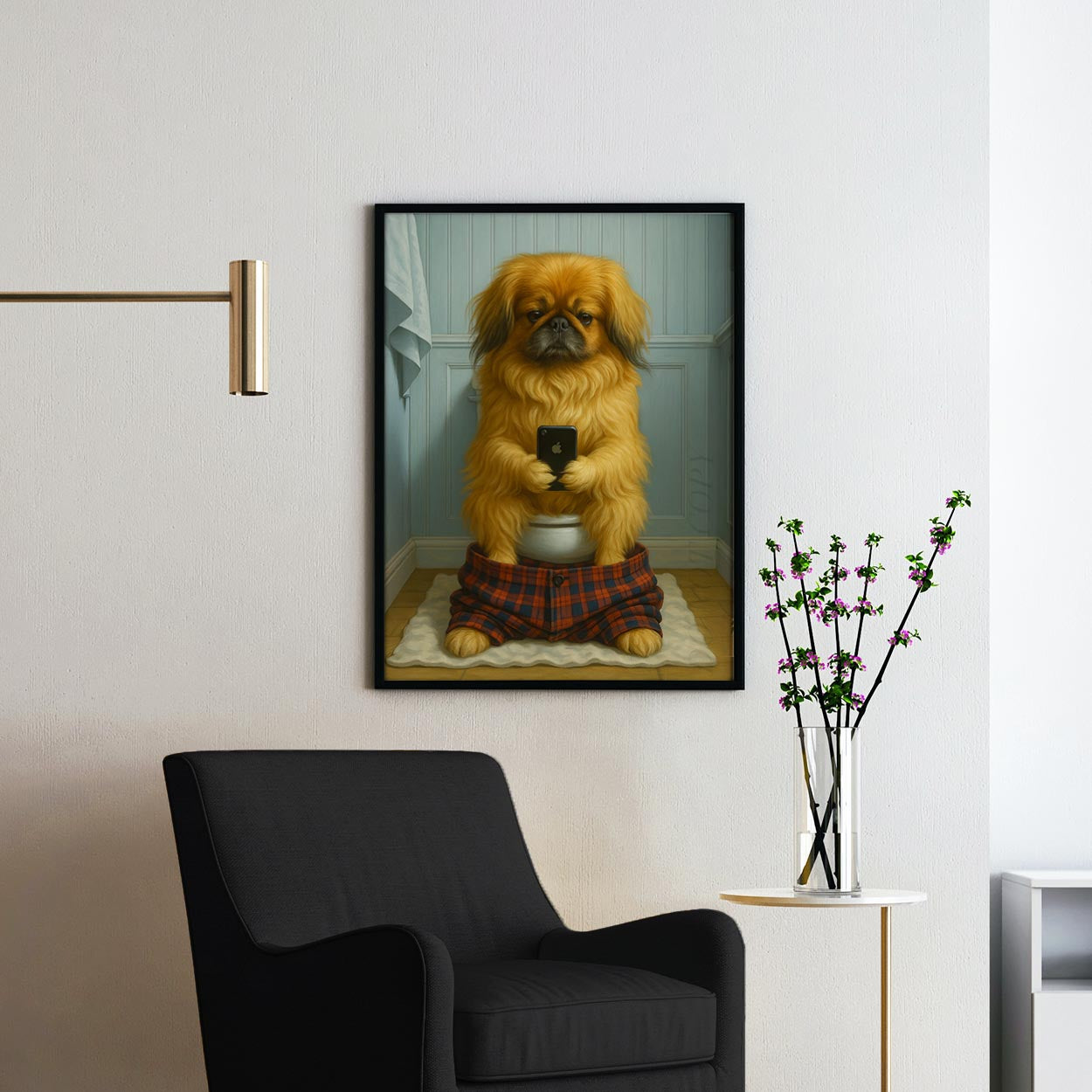 Pekingese Dog On The Phone On The Toilet