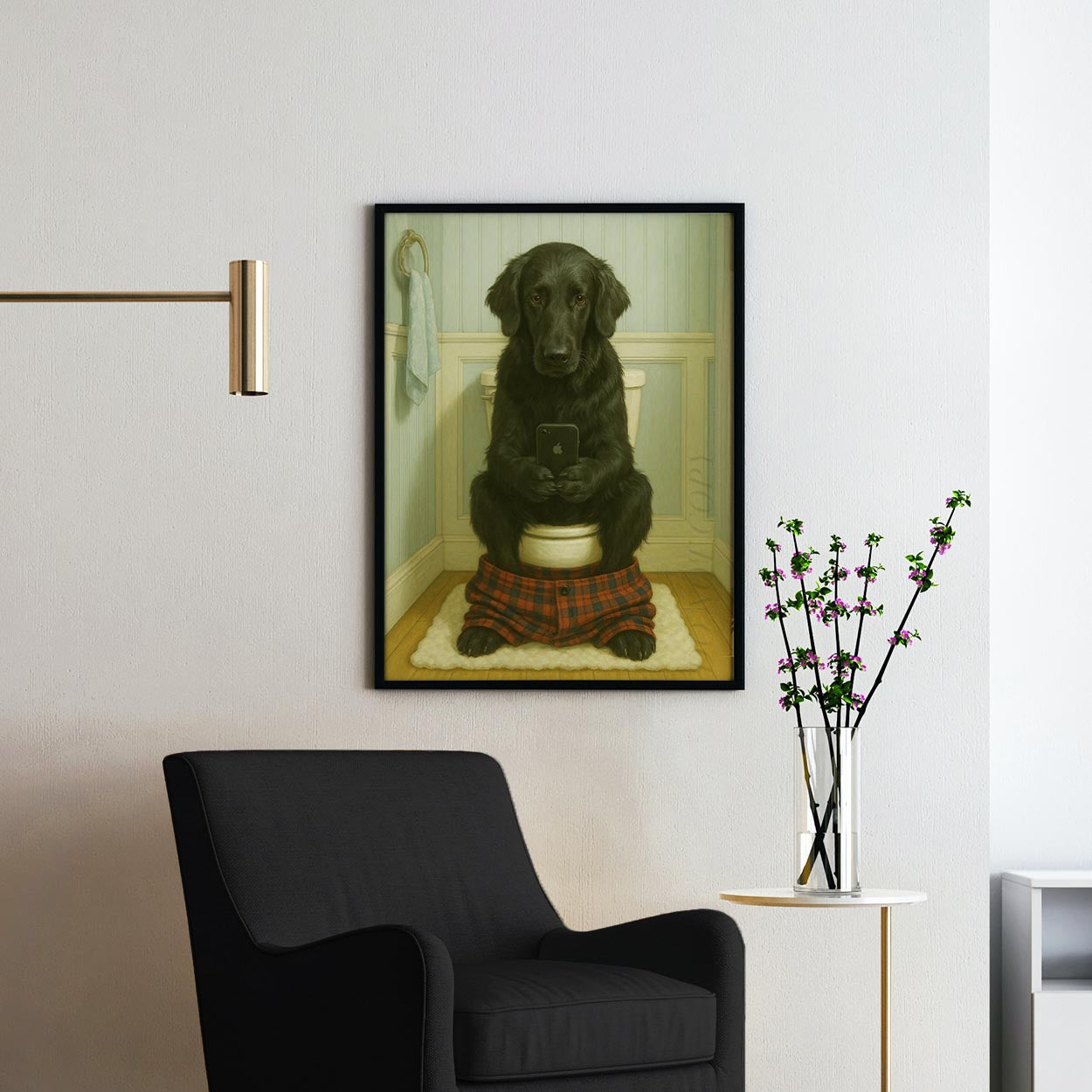 Flat-coated Retriever Dog On The Phone On The Toilet