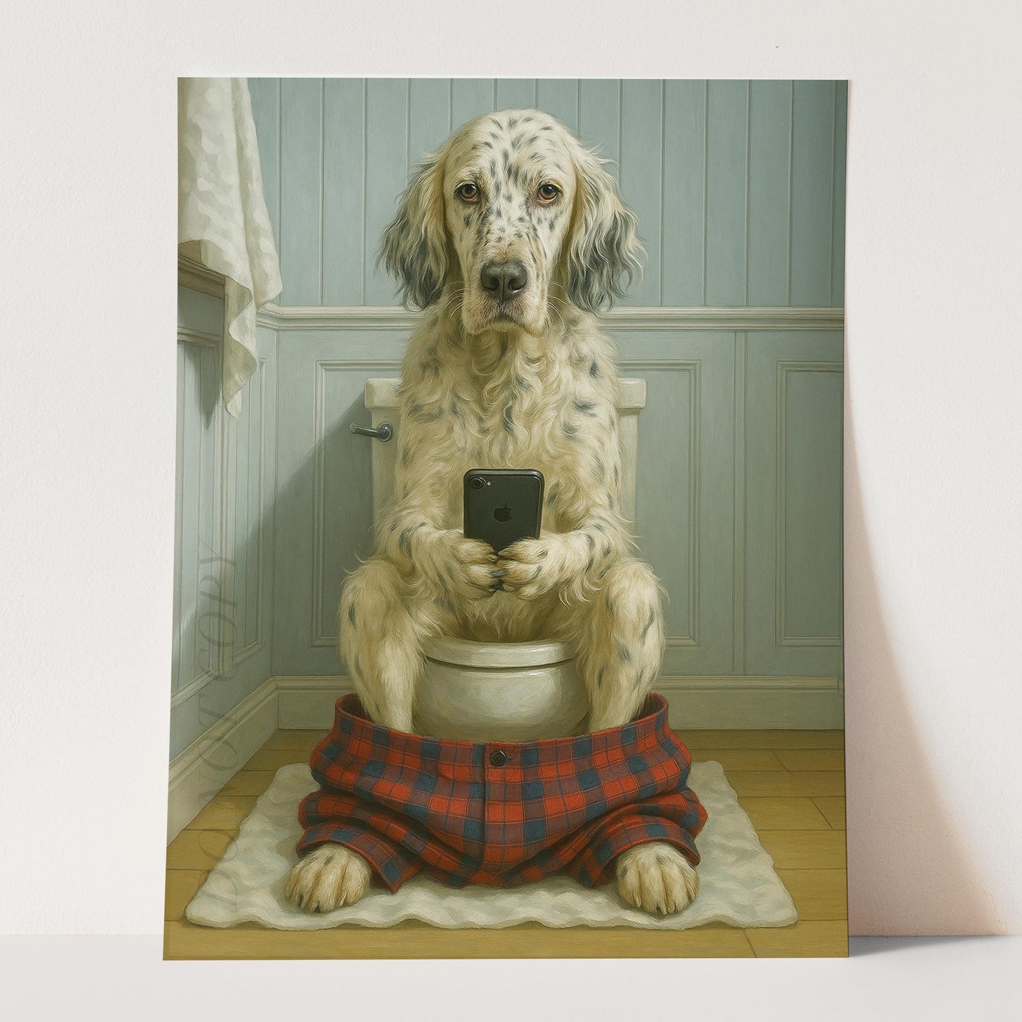 English Setter Dog On The Phone On The Toilet