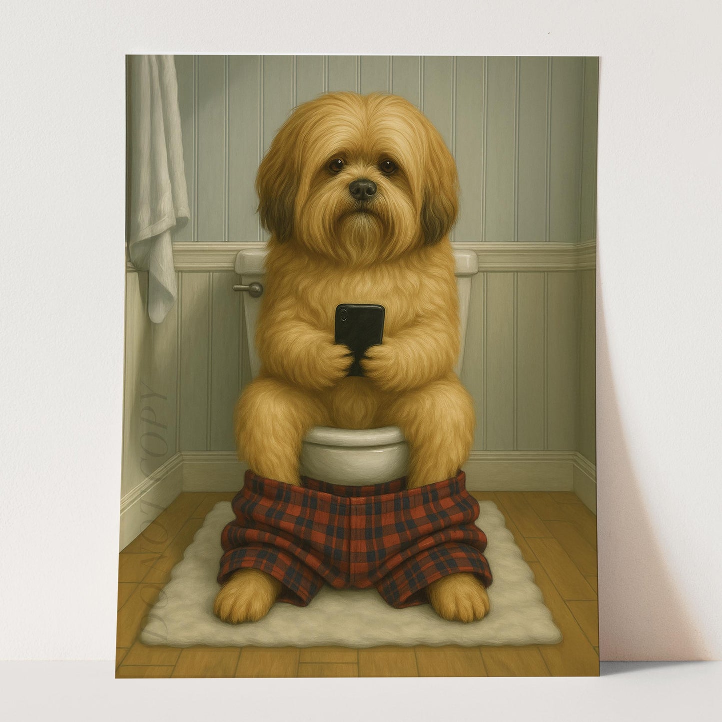 Lhasa Apso Dog On The Phone On The Toilet