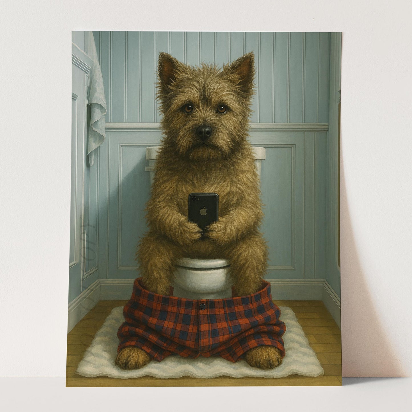 Cairn Terrier Dog On The Phone On The Toilet