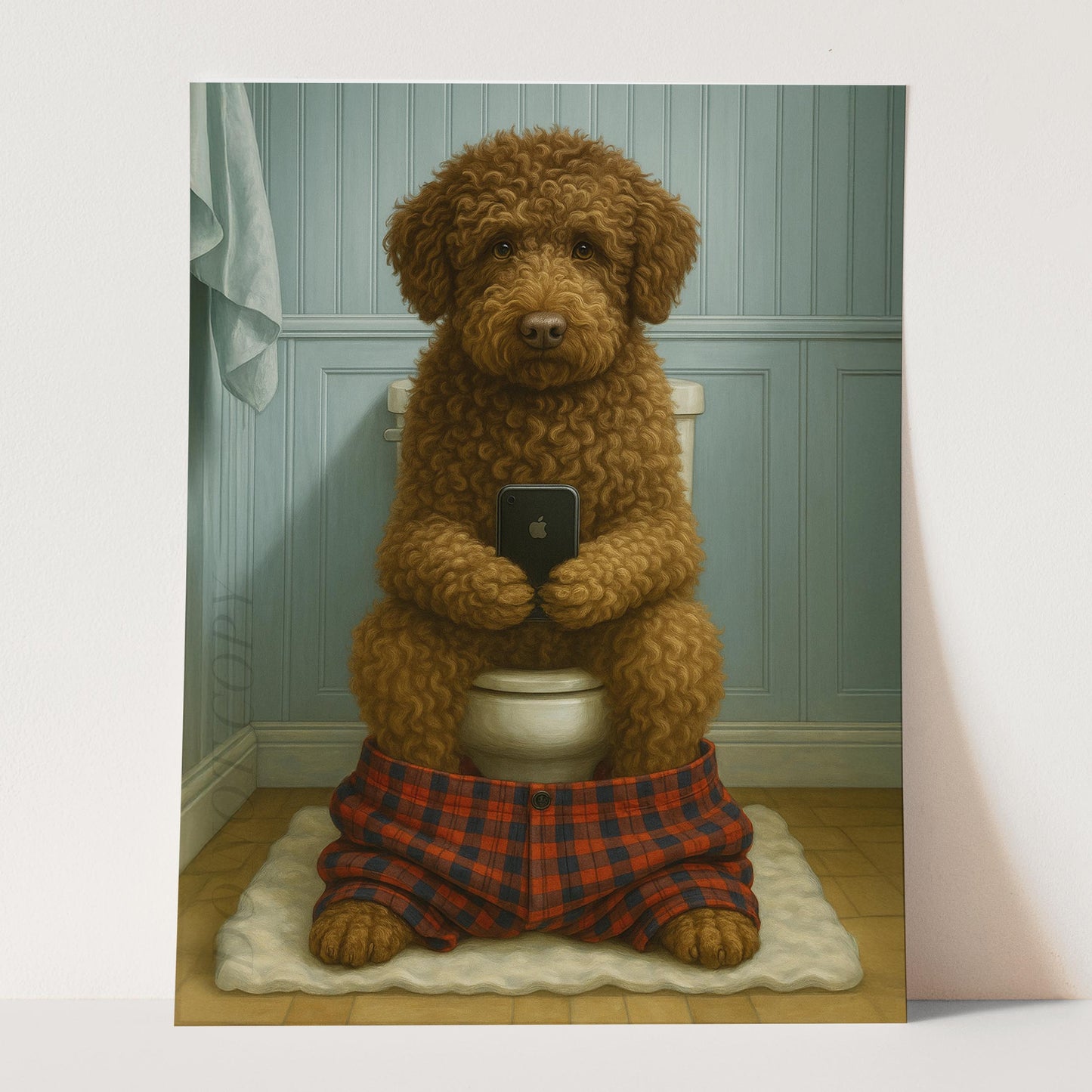 Lagotto Romagnolo Dog On The Phone On The Toilet