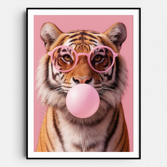 Tiger With Sunglasses Blowing Pink Bubble Gum