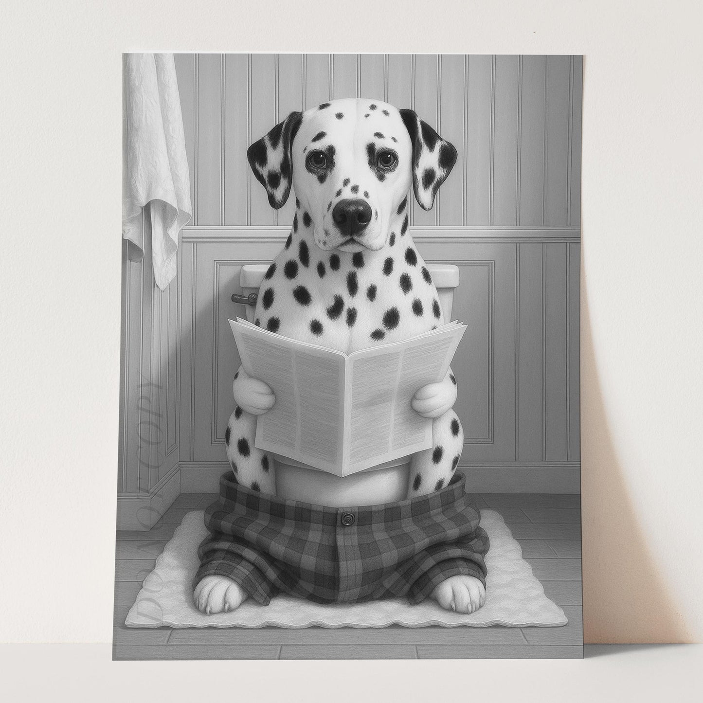 Dalmatian Dog Reading The Newspaper On The Toilet