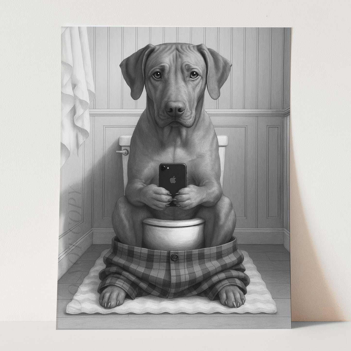 Rhodesian Ridgeback Dog On The Phone On The Toilet