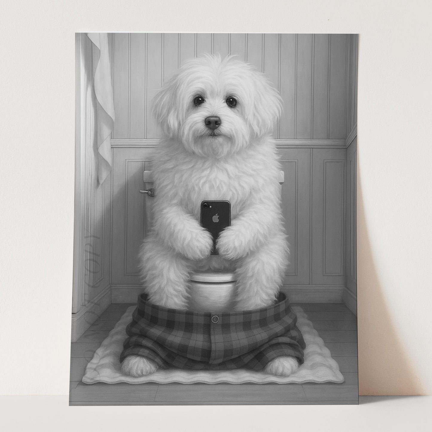 Coton de Tulear Dog On The Phone On The Toilet