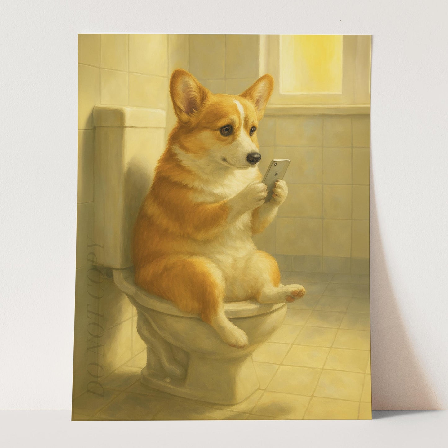Corgi Dog On The Phone On The Toilet