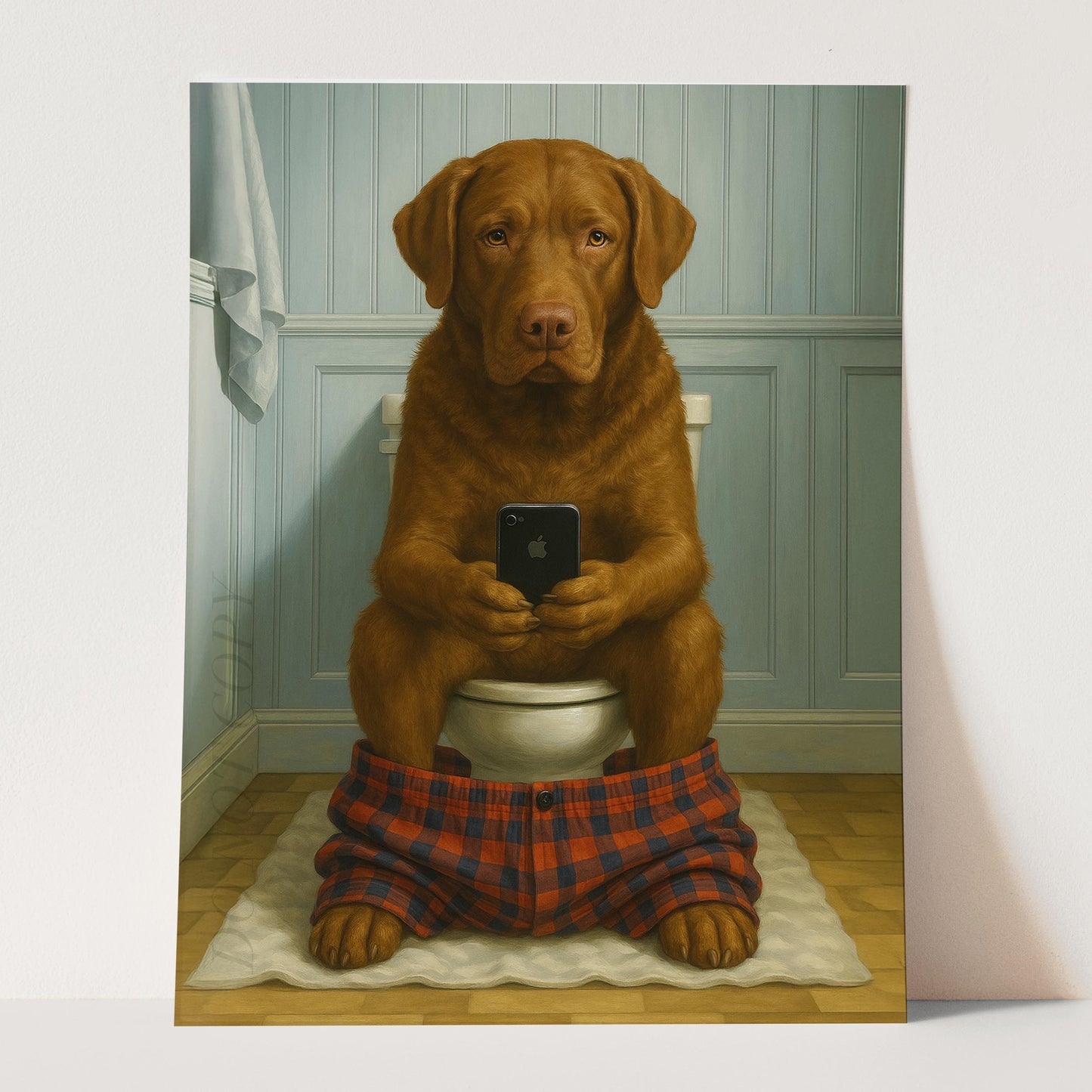 Chesapeake Bay Retriever Dog On The Phone On The Toilet