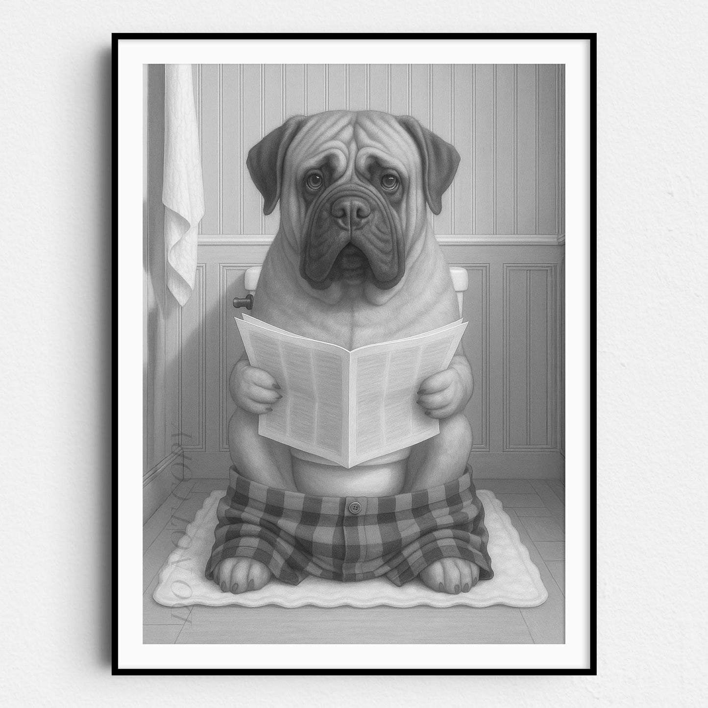 Mastiff Dog Reading The Newspaper On The Toilet