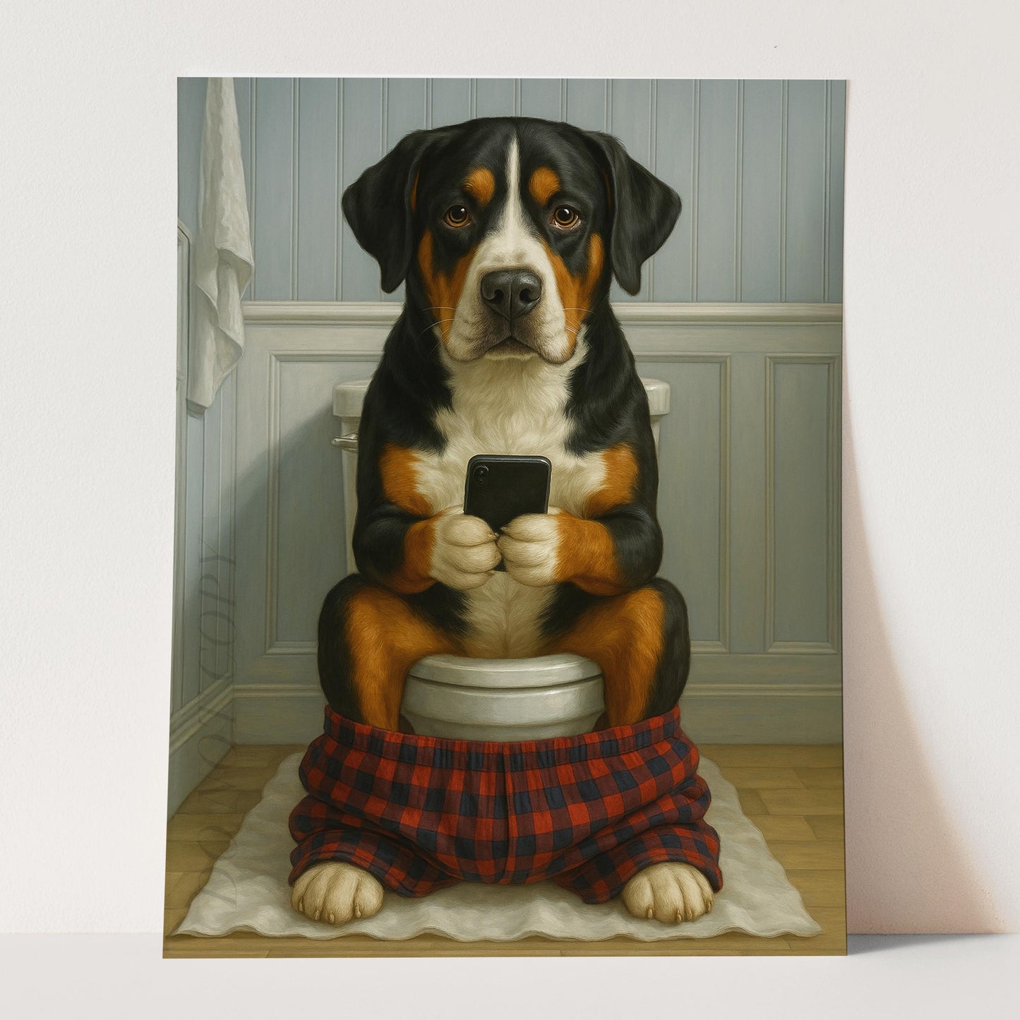 Greater Swiss Mountain Dog On The Phone On The Toilet