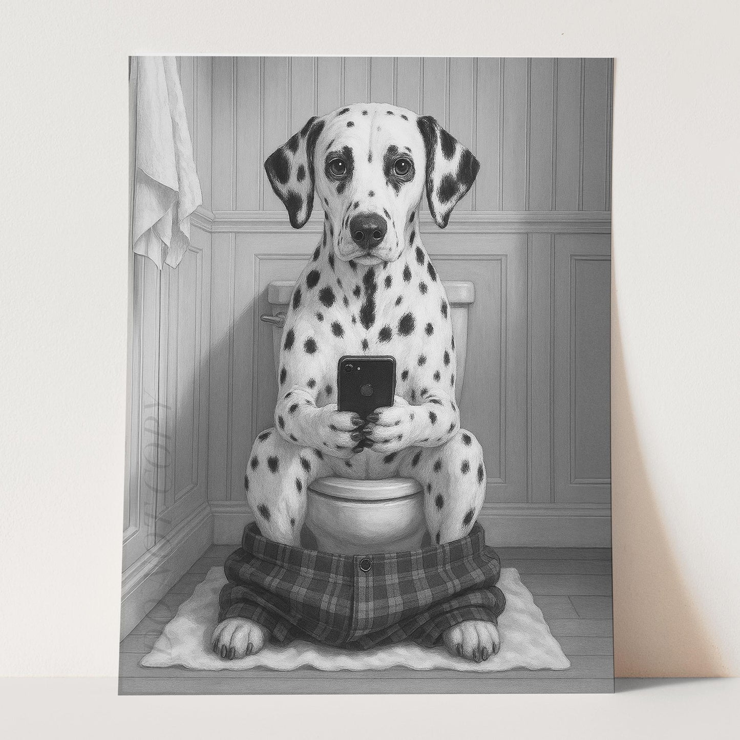 Dalmatian Dog On The Phone On The Toilet