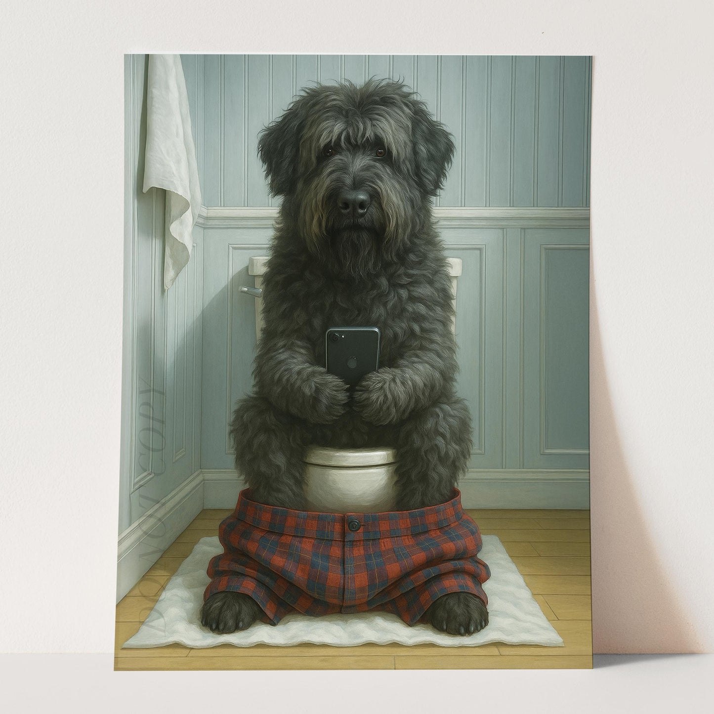Bouvier des Flandres Dog On The Phone On The Toilet