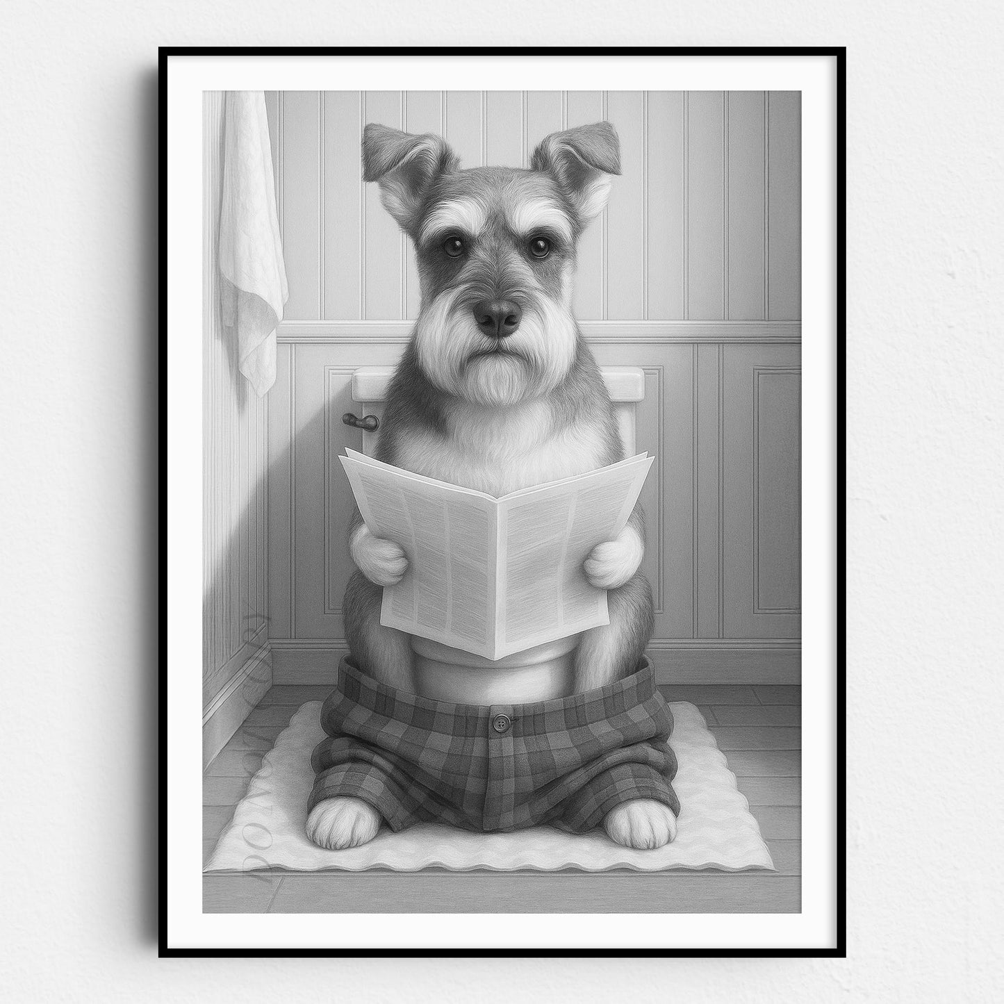 Schnauzer Dog Reading The Newspaper On The Toilet