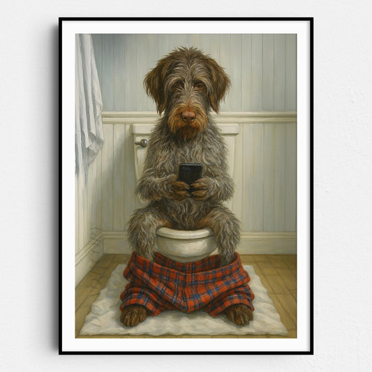 Wirehaired Pointing Griffon Dog On The Phone On The Toilet