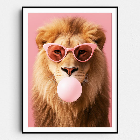 Lion With Sunglasses Blowing Pink Bubble Gum