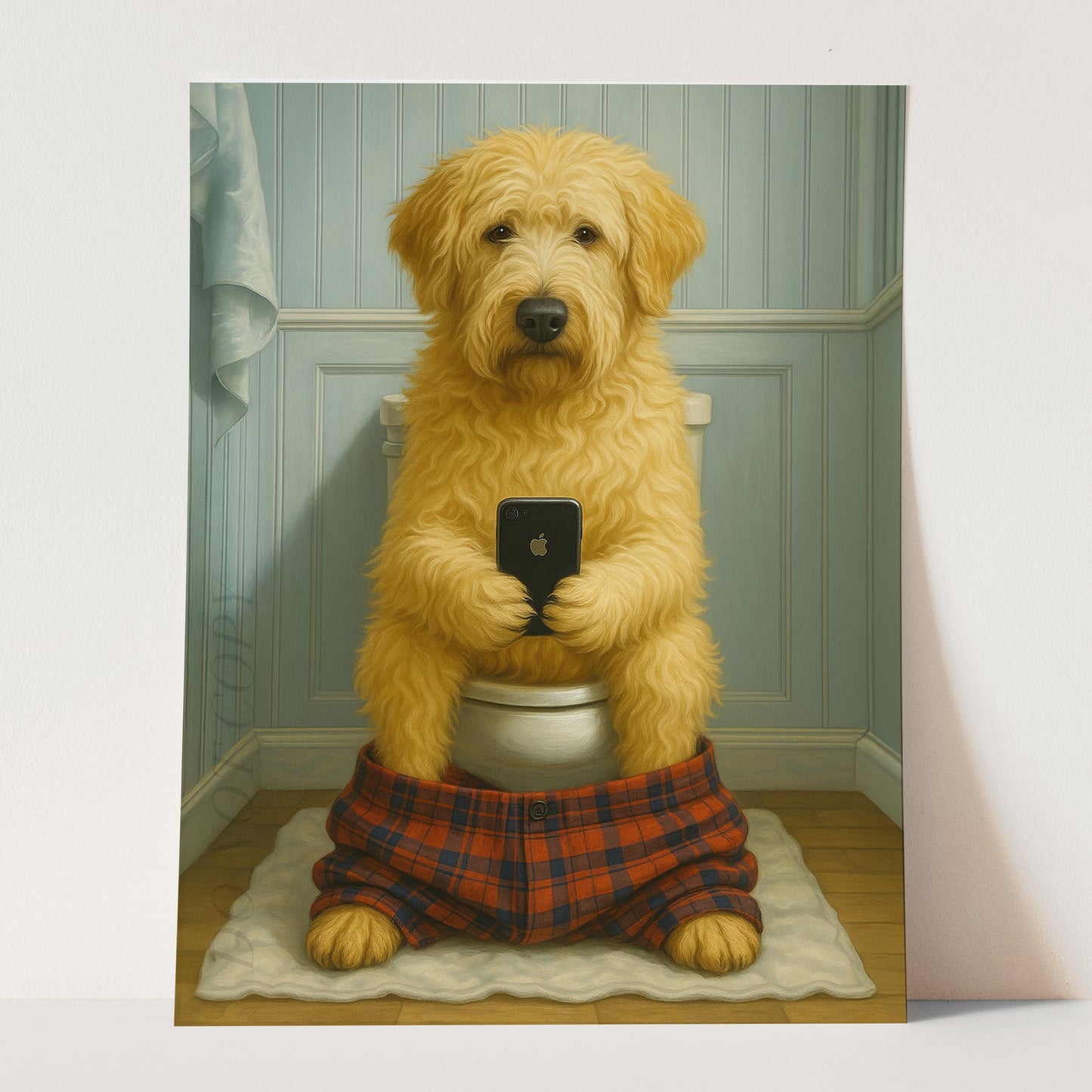 Soft Coated Wheaten Terrier Dog On The Phone On The Toilet
