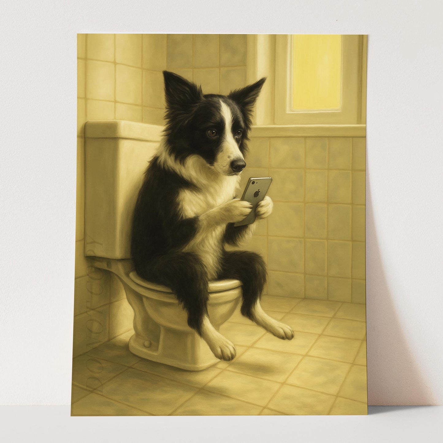 Border Collie On The Phone On The Toilet