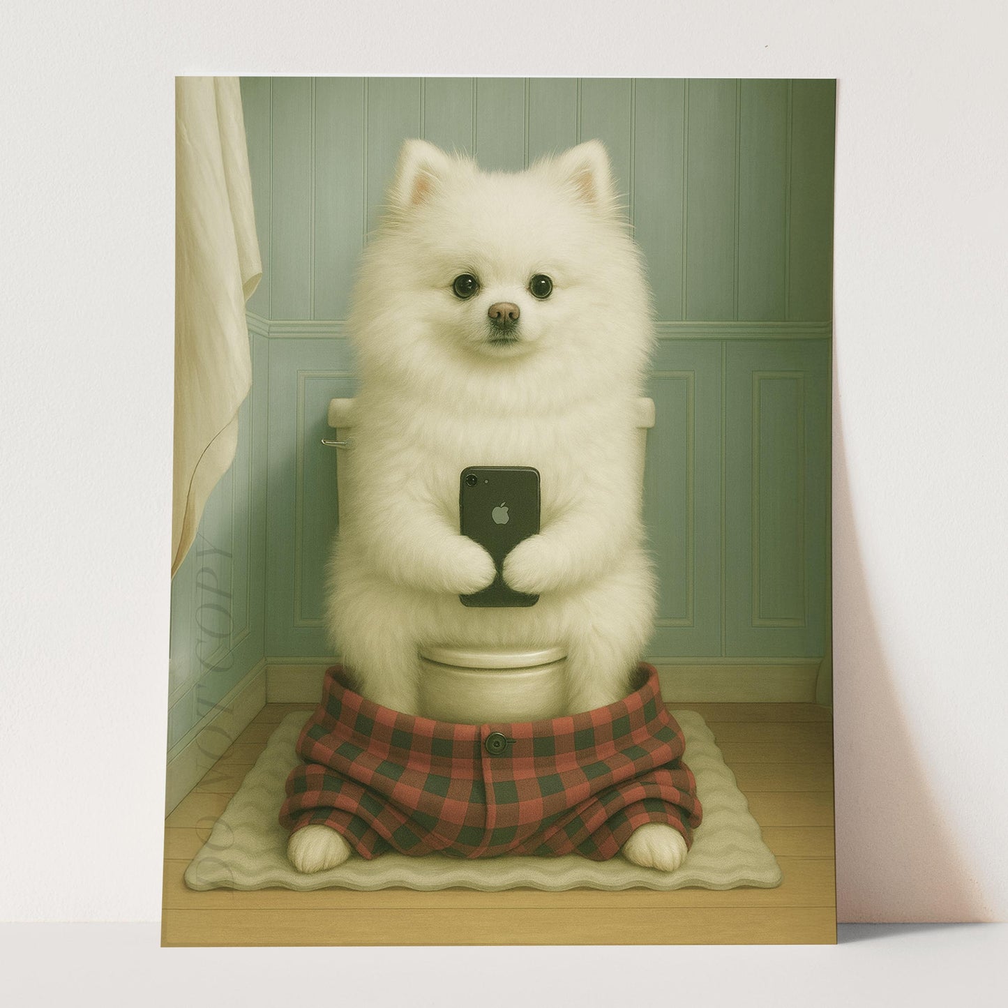 White Pomeranian Dog On The Phone On The Toilet