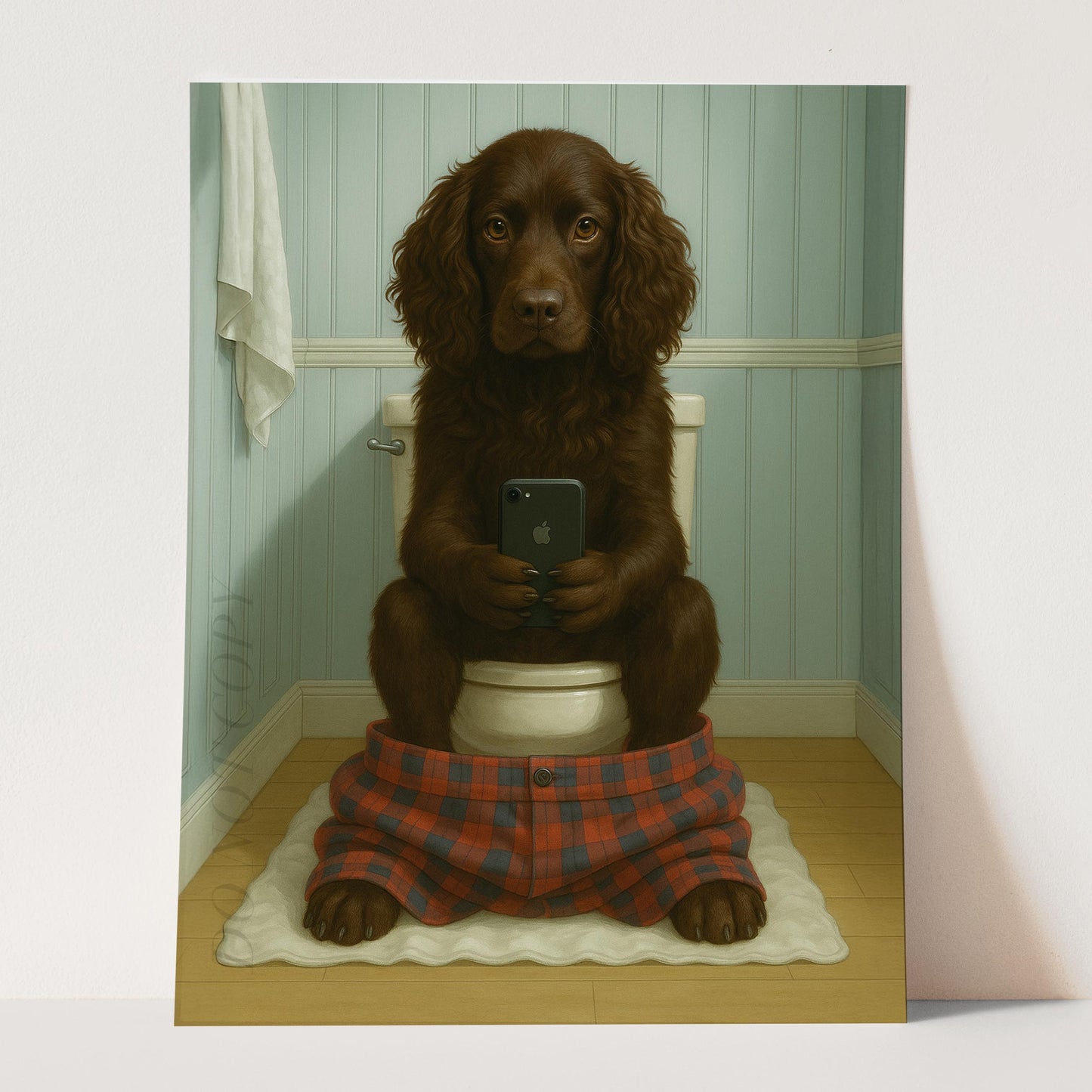 Boykin Spaniel Dog On The Phone On The Toilet
