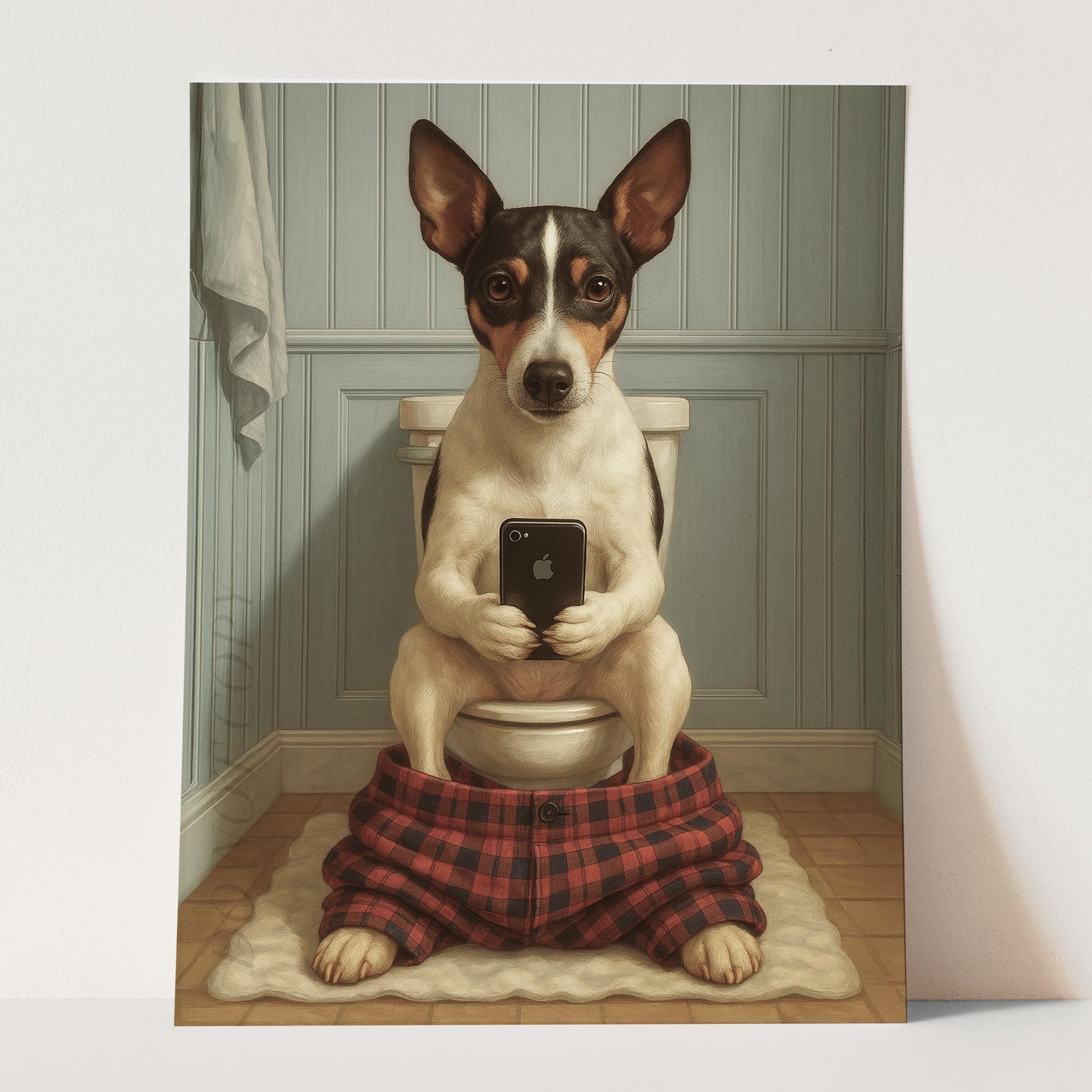 Rat Terrier Dog On The Phone On The Toilet