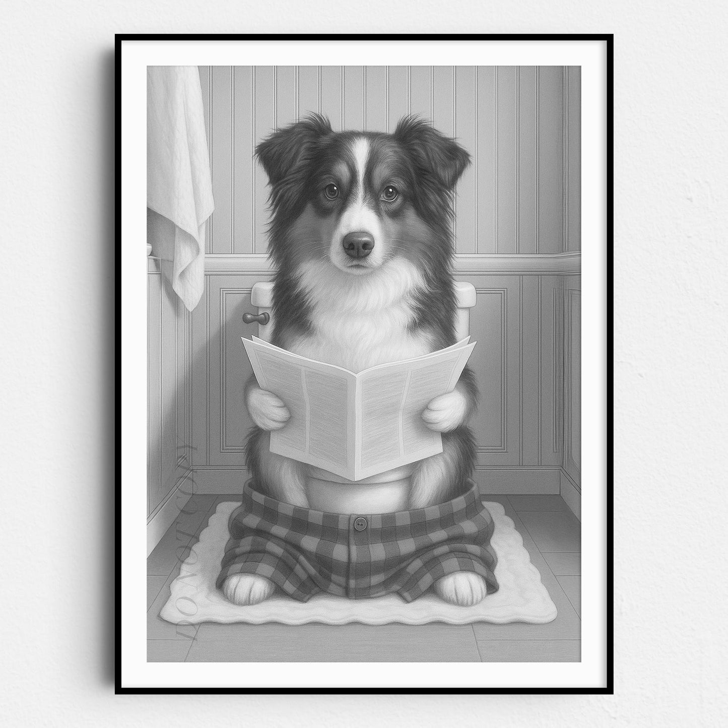 Miniature American Shepherd Dog Reading The Newspaper On The Toilet